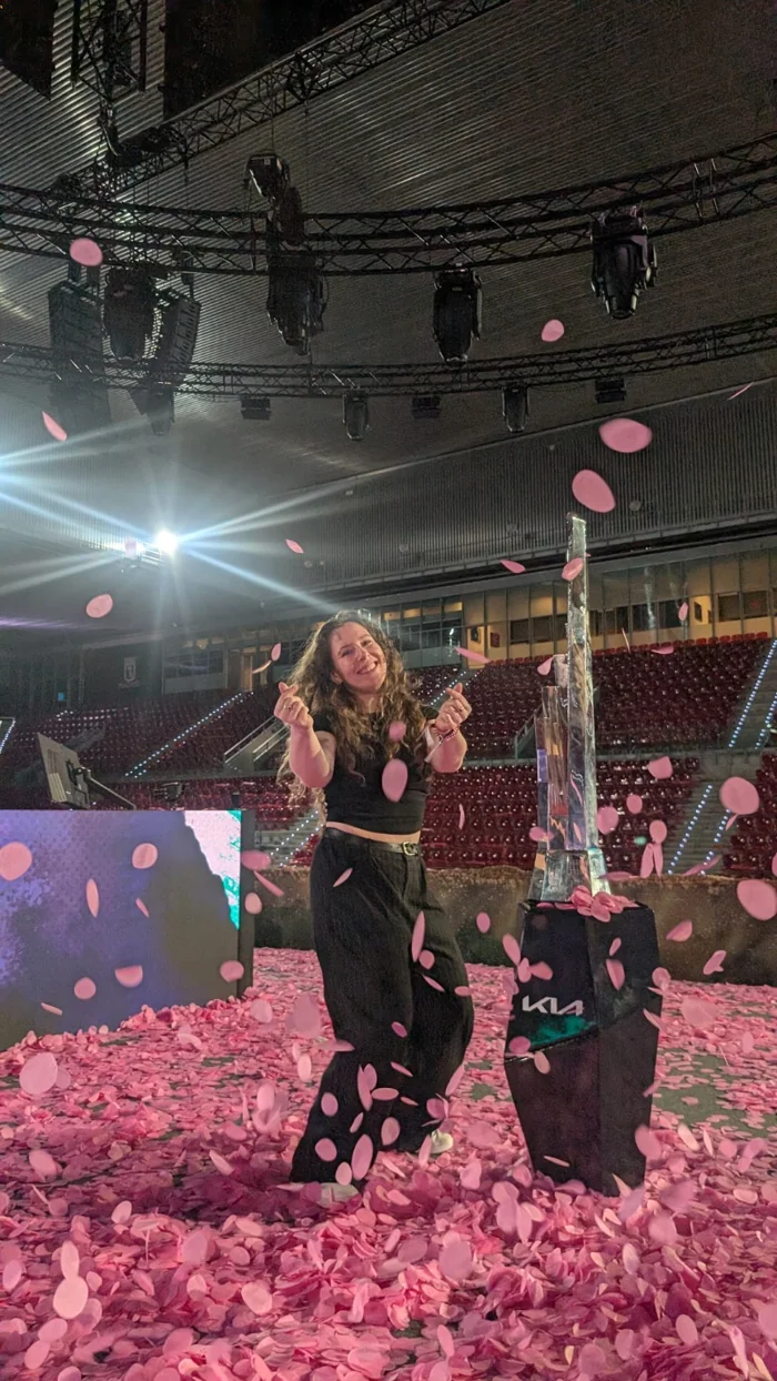 Lena after the 2025 LEC Final, surrounded by pink confetti
